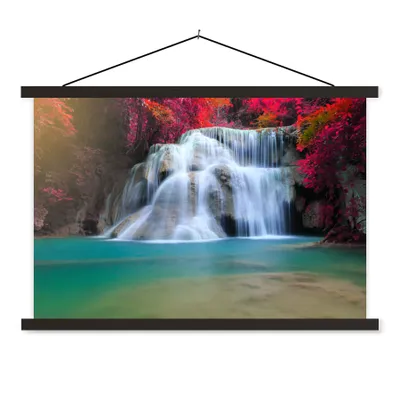 Produktbild von MuchoWow® Textilposter Wasserfall - Bäume - Rot - Landschaft - Natur 150x100 cm mit schwarzem Rahmen - Schlafzimmer