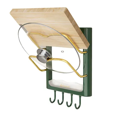 Produktbild von Topfdeckelhalter, Wandmontage Schneidebrettregal, Küchenregal Mit 2er Ablageflächen und 4er Haken，bohrfreier Küchen Aufbewahrungsregal，Grün