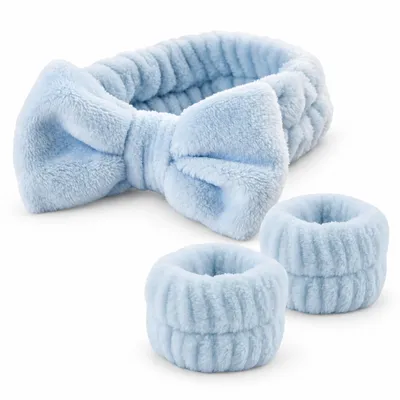 Produktbild von Kosmetik Haarband mit Schleife & 2 Handgelenkbänder – Plüsch Stirnband zum Schminken, Abschminken & Gesicht Waschen, Spa Set – Blau