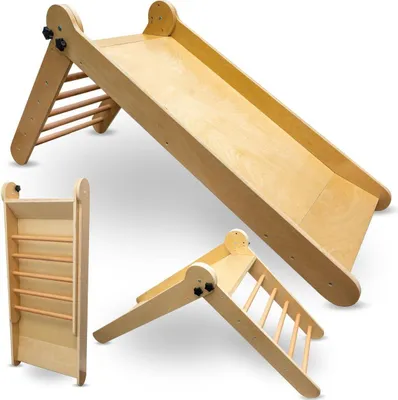 A wooden children's slide with a ladder, shown in multiple configurations.