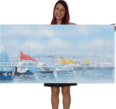 Zdjęcie produktu dla Obraz olejny Łodzie, 100% ręcznie malowany obraz ścienny XL, 140x70cm