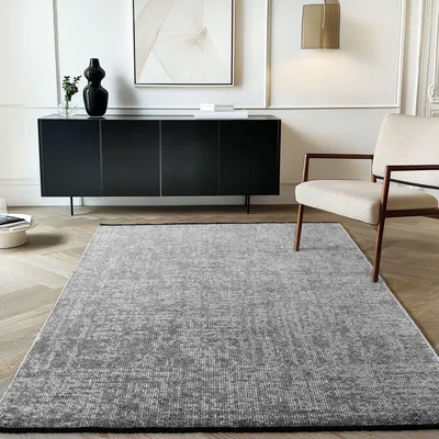 A modern living room with a black sideboard, a gray rug, and a beige armchair.