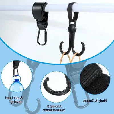 Pram Hooks Set von 4 Stück, praktische Taschenhaken für Kinderwagen, Velcro-Befestigung für Taschen und Einkaufen (Schwarz)