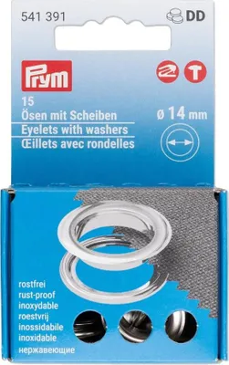 Produktbild von Prym Ösen und Scheiben, 14.0 mm, silberfarbig, Öse, Messing, Silber, 1,4 cm, 15 Stück(e), Box