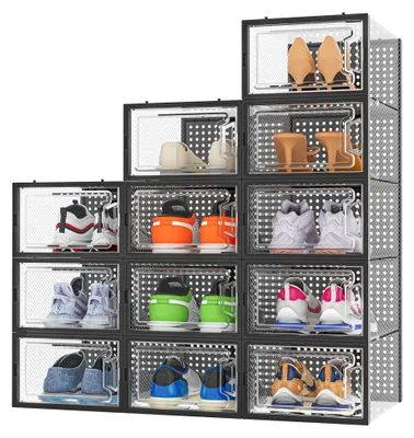Produktbild von Schuhboxen, 12er Set Stapelbare Transparente Schuhboxen, Schuhorganizer für Schuhe bis Größe 45, Schwarz