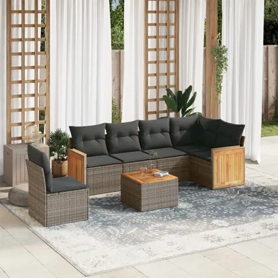 Produktbild von Design 7-tlg. Garten-Sofagarnitur mit Kissen Grau Poly Rattan, Gartenmöbel-Sets 2024 Neu