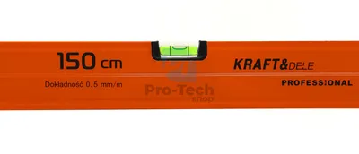 A close-up of an orange spirit level with text and branding.