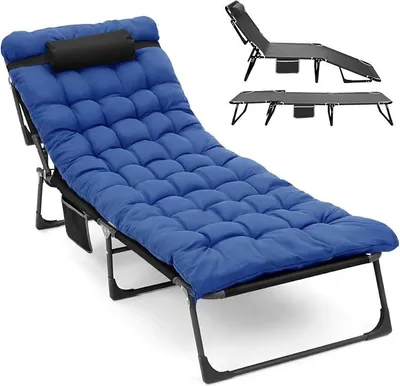 Productafbeelding van Extra groot campingbed, ligbed met matras en kussen, geschikt tot 200 kg, rugleuning in 4 standen verstelbaar, opklapbaar, visstoel, campingbed voor tuin, strand, zonnebaden, reizen, blauw