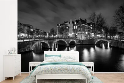 Produktbild von MuchoWow® Fototapete für Wohnzimmer oder Schlafzimmer Wandtapete Vinyl Motivtapete Keizersgracht Amsterdam bei Nacht - schwarz und weiß - 420x280 cm - Zimmer für Kinder