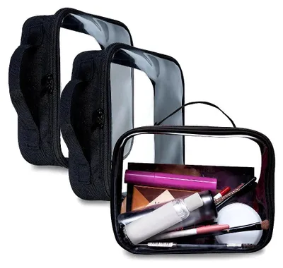 Image de Sacs cosmétiques transparents - Organisateurs de valise, 3 pièces, fermeture éclair noire, dimensions 20.3x15.2x7.6 cm