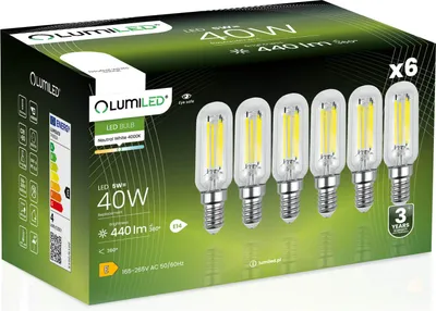 Obrázek produktu pro LUMILED LED žárovky E14 T25 Sada 6 žárovek do varné desky 4W (nahrazuje 40W žárovku) Vlákno Edison 4000K Neutrální bílá 440lm 360° úhel svícení 230V Žárovka do ledničky Žárovka do ledničky