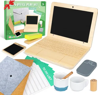 Obrázok produktu pre Detský drevený stôl, hračka na role s notebookom a telefónom, pre deti od 3 rokov