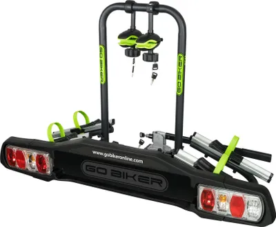 Produktbild von GO BIKER BEAT Fahrradträger für 2 Fahrräder - Anhängerkupplung mit Diebstahlschutz - Unterstützt 15kg pro Schiene - Stahl/Aluminium-Rahmen - Verstellbare Arme für Alle Fahrradtypen