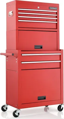 Produktbild von GOPLUS 2 in 1 Werkzeugwagen mit Rollen, Werkstattwagen mit 6 Schubladen & Unterschrank & Tablett & Schiebetüren, Werkzeugschrank mit Sicherheitsschloss 132 cm