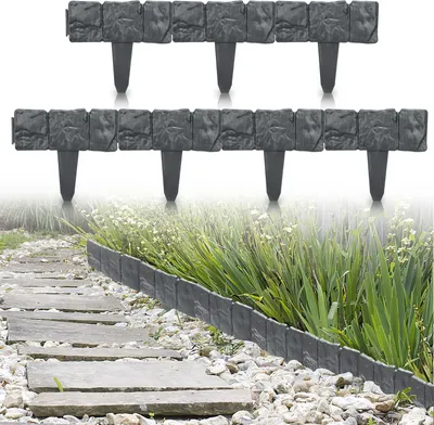 Produktbild von Izrielar 10 Stück Rasenkante Steinoptik Beeteinfassung Mähkante Beetumrandung Kunststoff für Garten, Wiese 2,5m Anthrazit