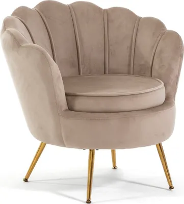 Immagine prodotto di Poltrona imbottita in velluto con design a conchiglia e gambe cromate in oro, elegante e raffinata - ideale per il soggiorno, la camera da letto o il corridoio, dal design vintage e retrò - PERLA - Beige/Oro