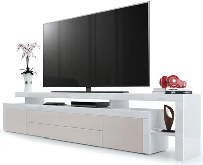 Produktbild von Vladon TV Board Lowboard Leon V3,  Germany, Korpus und Überbau in Weiß Hochglanz / Front in Sandgrau Hochglanz mit Rahmen in Weiß Hochglanz (227 x 52 x 35 cm)