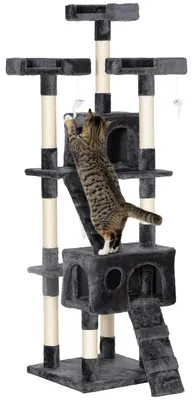 Productafbeelding van Kattenmeubel D30-050GY, XXL, met ladder, meerlaags speelcentrum, diverse activiteiten, pluche, grijs, 50 x 50 x 170 cm - A