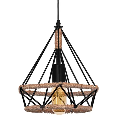 A pendant light with a geometric design made of black metal and rope, featuring a visible Edison-style bulb.