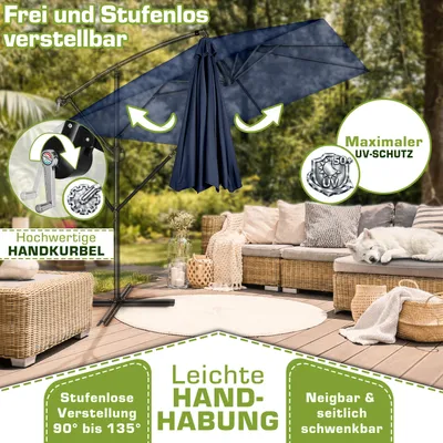 Produktbild von tillvex® Alu Sonnenschirm Rechteckig Ø 330 cm Navy-Blau + Abdeckung mit Kurbel | Ampelschirm Eckig mit Ständer & Windschutz | Gartenschirm UV-Schutz Aluminium | Kurbelschirm Marktschirm wasserdicht 360° drehbar