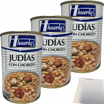 Produktbild von huertas Judias Con Chorizo (Bohnen mit Paprikawurst) 3er Pack (3x415g Konserve) + usy Block