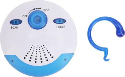 A white and blue portable shower radio with a blue hook accessory, shown against a white background.