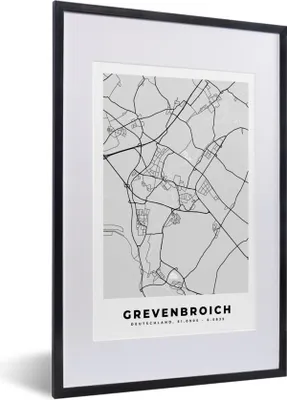 Produktbild von MuchoWow® Gerahmtes Poster Karte - Grevenbroich- Deutschland - Stadtplan 40x60 cm - Poster mit Schwarzem Bilderrahmen Wandposter Rahmen Foto Bilder - Poster in Rahmen