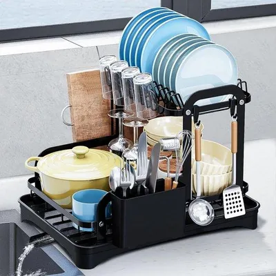 Image de Unyqoos® : Étagère à couverts gain de place, à 2 niveaux avec panier à couverts, en acier au carbone noir, idéale pour toutes les cuisines