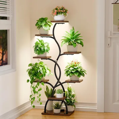 Immagine prodotto di Supporto per piante con luce di crescita - Scaffale per fiori da interno - Per la cura delle piante - 8 livelli a forma di S - 124 cm di altezza - Nero