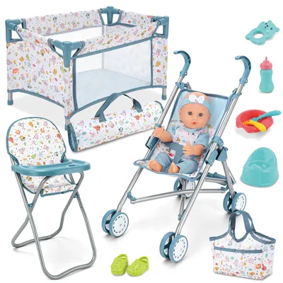 Poppenset mit 30,5 cm Babypop, Zubehör, Kinderwagen, Hochstuhl, Reisebett