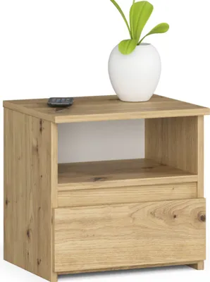 A wooden nightstand with a drawer and an open shelf, topped with a white vase containing a green plant.