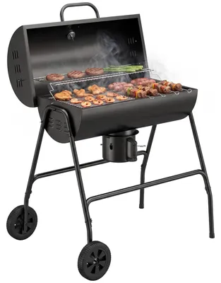 Productafbeelding van Metalen houtskoolgrill/barbecue met deksel, thermometer, wielen en onderstel, 95x71,5x102 cm, zwart