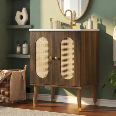 Imagen del producto de Mueble de baño de 61 cm, con puertas de ratán, estantes y lavabo de cerámica, sin grifo (color nogal)