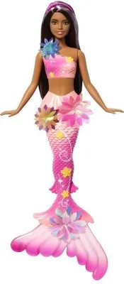 Image de Barbie Sirène Fleur Magique, Poupée Cheveux Bruns Longs Méchés Violet, Fleurs Éclosent du Bustier, JDM73