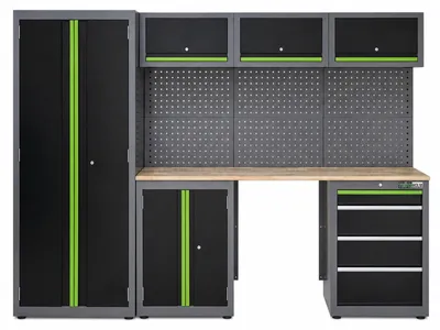 Produktbild von Werkstattwand 13-tlg. modulares Werkstattschranksystem aus Stahl mit massiver Holzarbeitsplatte grün