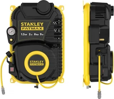 A product shot of a Stanley Fatmax air compressor shown from the front and side.