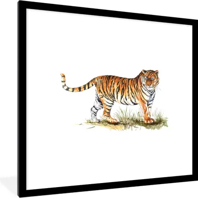 Produktbild von MuchoWow® MuchoWow® Gerahmtes Poster Tiger - Malerei - Gras 40x40 cm - Poster mit zchwarzem Bilderrahmen - Poster - Plakat im Rahmen