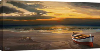 Productafbeelding van Zeilbeelden met als thema: de zee – Adriano Galasso, zonsondergang aan het strand – 120x60 cm