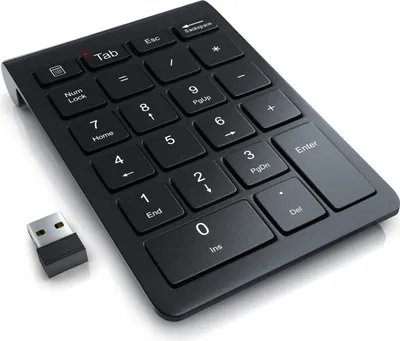 A black wireless numpad and its USB receiver are shown on a white background.