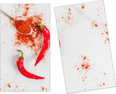 Produktbild von Spritzschutz Herdabdeckplatte Schneidebrett aus Glas Löffel mit Chilipulver 2-Teilig (60x52cm)