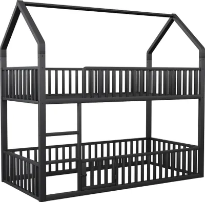 Obrázok produktu pre Detská poschodová posteľ 90 × 200 cm, kovová dvojposteľ, poschodová posteľ so schodiskom, dizajn v štýle loft, spodná posteľ s malými dvierkami na otváranie a zatváranie, čierna, kov, 200 cm, 90 cm