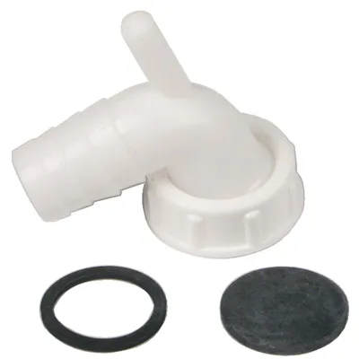 A white plastic siphon fitting with a threaded cap and two black rubber gaskets on a white background.