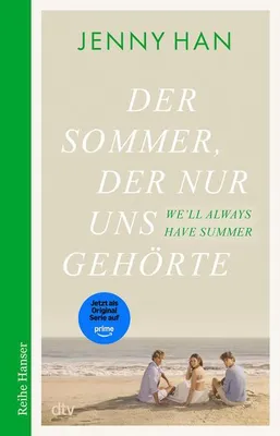 A book cover with a beach scene at the bottom and text about the book and its series.