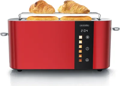 A red Arendo toaster with two croissants on top and two slices of bread inside.