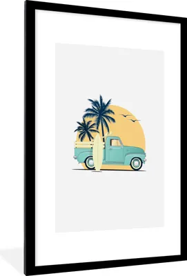 Produktbild von MuchoWow® MuchoWow® Gerahmtes Poster Auto - Strand - Surfbrett - Zeichnung 60x90 cm - Poster mit zchwarzem Bilderrahmen - Dekoration - Wandposter Wohnzimmer - Hochwertig