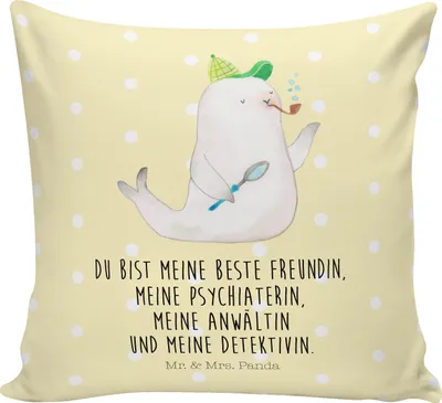 Produktbild von Mr. & Mrs. Panda Dekokissen Robbe Sherlock - Gelb Pastell - Geschenk, couch kissen, Lustige Sprüche, Deko, kuschelkissen 40x40, Sofakissen