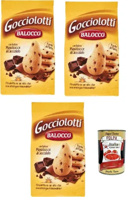 Produktbild von Balocco Gocciolotti Biscotti con gocce di cioccolato Kekse mit Schokoladenstückchen biscuits cookies 100% Italienische Kekse 3x 350g + Italian Gourmet polpa 400g