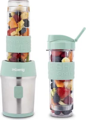 Two portable smoothie makers filled with fruit, one assembled with its base and the other as a separate bottle with a lid.