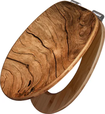 A toilet seat with a wood grain pattern and bamboo accents, shown from a slightly elevated angle.