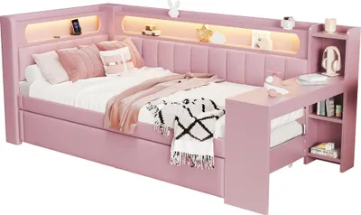 Produktbild von Schlafsofa mit LED-Beleuchtung, Lattenrost, Ausziehbett, USB/Typ-C Anschlüssen, 90x200cm, Polsterbett, Einzelbett, Leinen